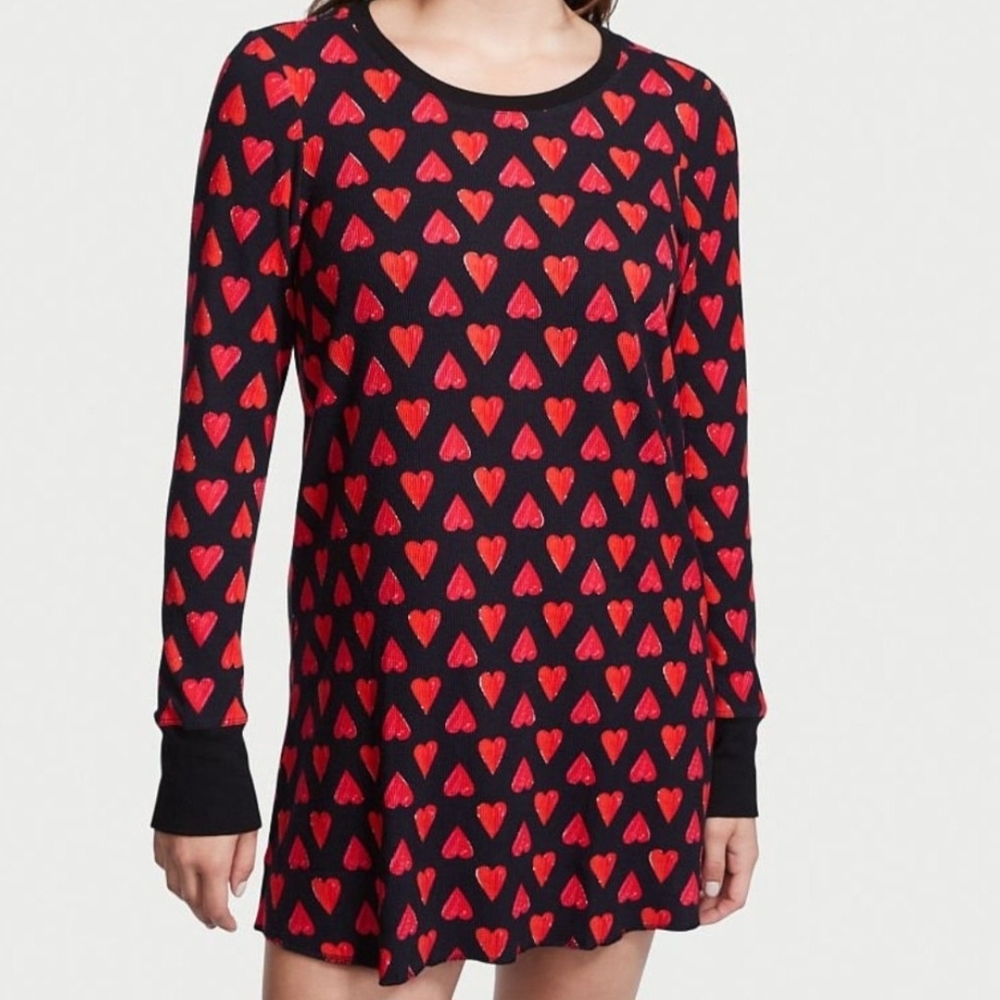 Victoria’s Secret Thermal PJ Dress Black With Red Hearts Long Sleeve Size L